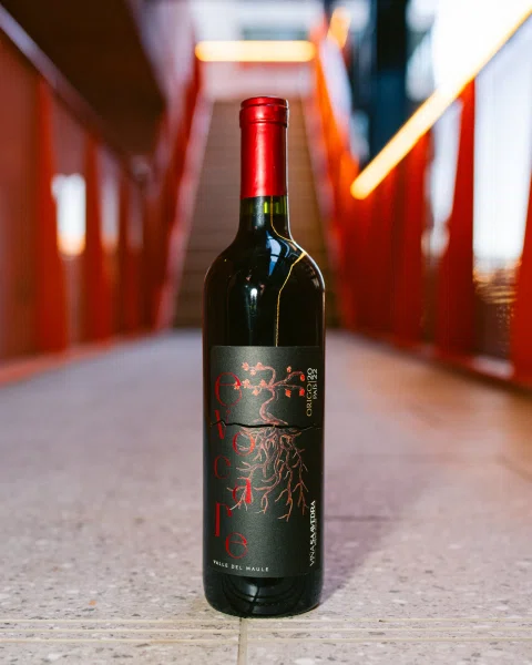 Botella de vino con cápsula roja centrada frente a una escalera interior.