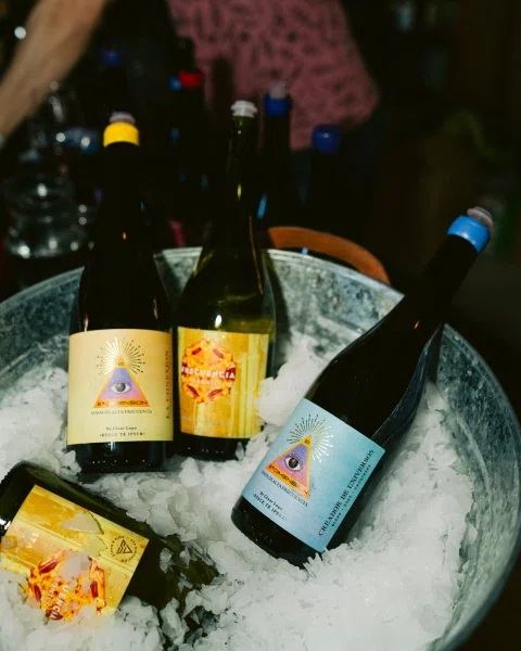 Botellas de vino blanco y tinto enfriándose en una cubeta metálica con hielo.
