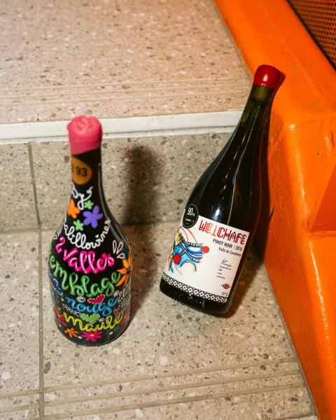 Dos botellas de vino sobre escalones de piedra junto a una pared naranja.