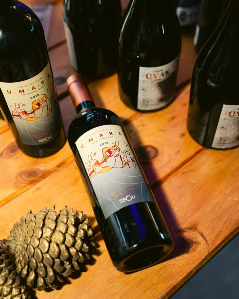 Botellas de vino sobre una mesa de madera junto a una piña.