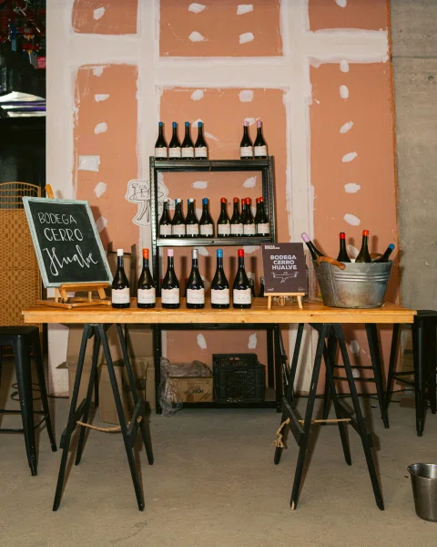 Mesa de madera con botellas, letreros de Bodega Cerro Hualve y una tina con hielo.