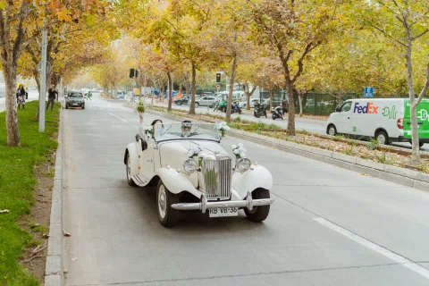 Automóvil convertible blanco circula por una calle arbolada.