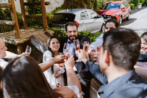 Grupo de personas reúne sus copas en un brindis al aire libre.