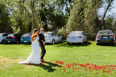 Hombre con traje oscuro y mujer con vestido blanco caminan juntos sobre el césped junto a una figura formada con pétalos rojos.