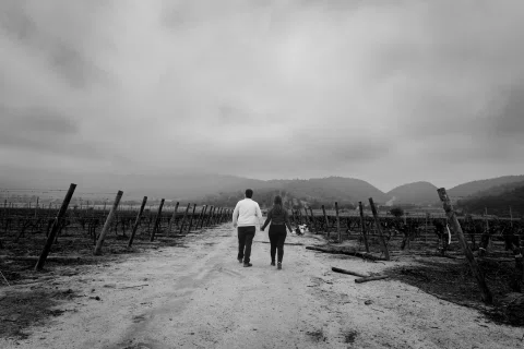 Hombre y mujer caminan de espaldas por un camino del viñedo en una fotografía en blanco y negro.