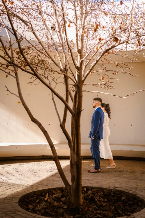 Hombre con traje azul y mujer con traje claro permanecen juntos detrás de un árbol dentro de un patio curvo.