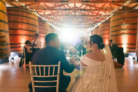 Hombre con traje azul y mujer con vestido blanco están sentados de espaldas a una mesa dentro del salón.