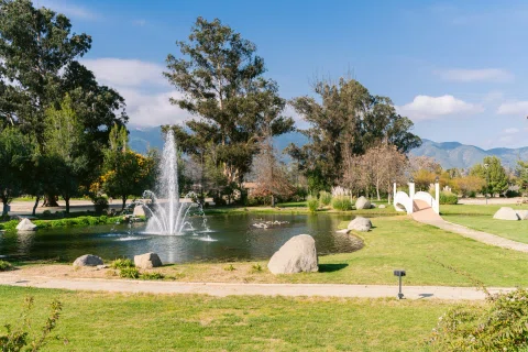 Jardín con fuente central, árboles y montañas al fondo bajo cielo despejado.