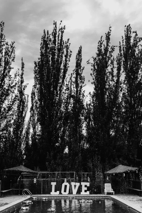 Letras decorativas con la palabra LOVE junto a una piscina en blanco y negro.