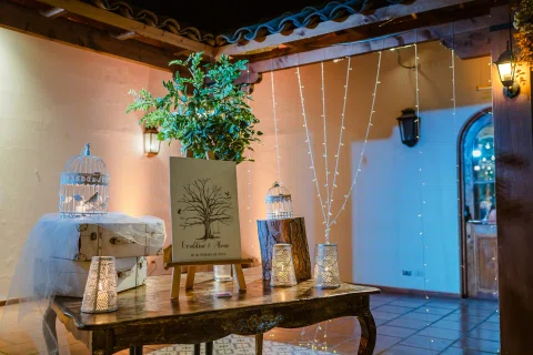 Mesa decorativa con dos jaulas, un cartel enmarcado y pequeños objetos bajo luces cálidas.