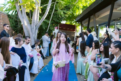 Niña con vestido rosado camina por una alfombra azul sosteniendo una canasta.
