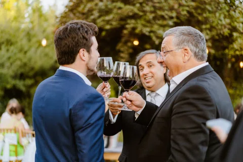Tres hombres chocan copas de vino tinto al aire libre.
